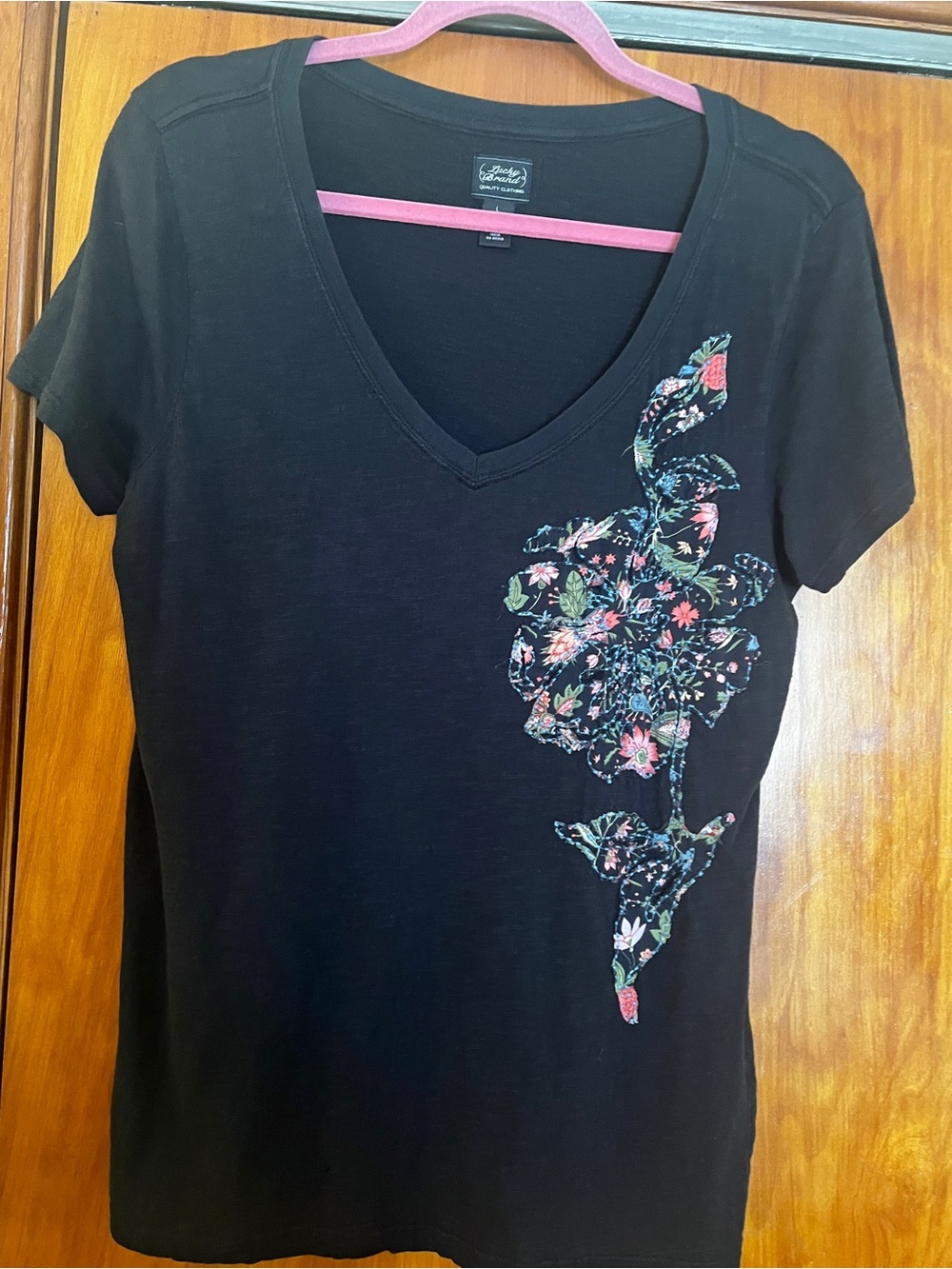 Lucky Brand Black V-Neck Tee with Floral Embroidery